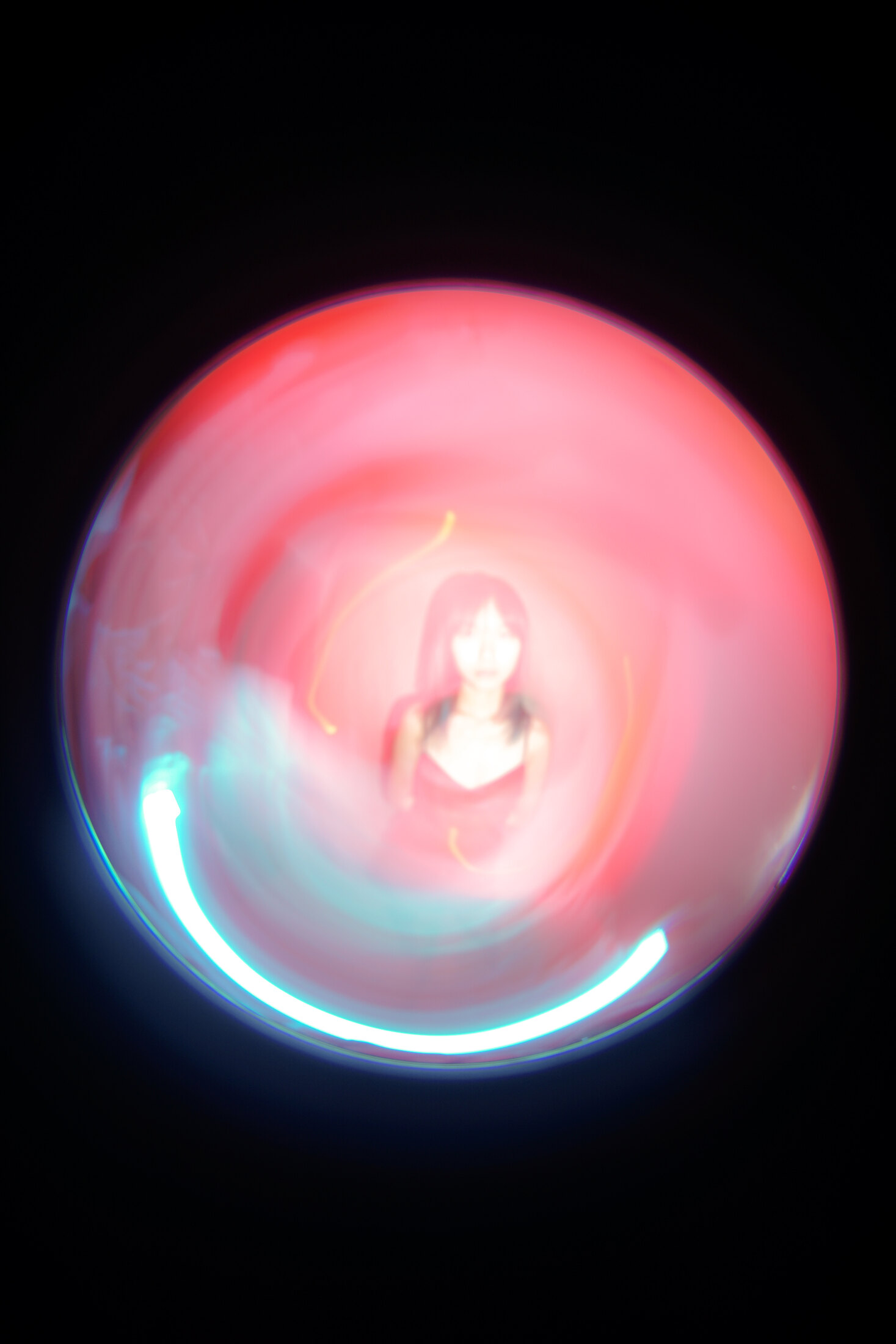 Pink-toned fisheye portrait